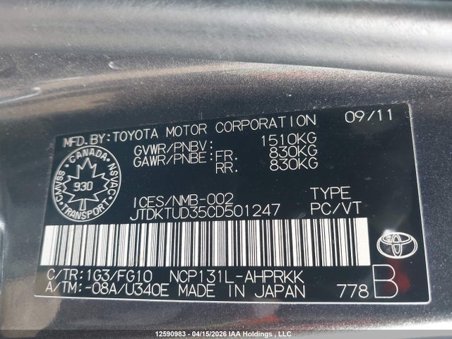 2012 Toyota Yaris Le მანქანა იყიდება აუქციონზე, vin: JTDKTUD35CD501247, აუქციონის ნომერი: 12590983