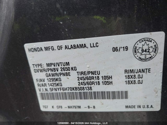 5FNYF6H70KB508138 Honda Pilot Ex-l Navi