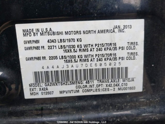 Aukcja sprzedaży 2013 Mitsubishi Rvr Se, vin: 4A4AJ3AU7DE605025, numer aukcji: 12590992