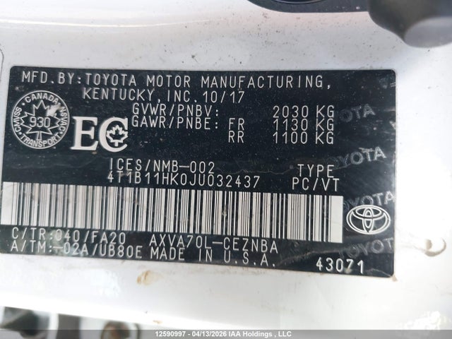 4T1B11HK0JU032437 Toyota Camry L/le/xle/se/xse