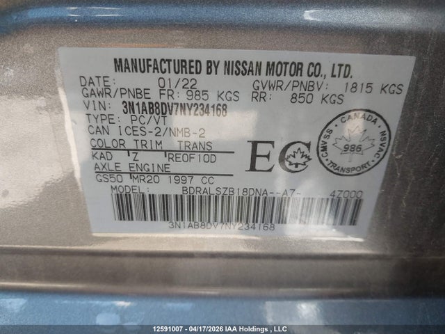 2022 Nissan Sentra მანქანა იყიდება აუქციონზე, vin: 3N1AB8DV7NY234168, აუქციონის ნომერი: 12591007