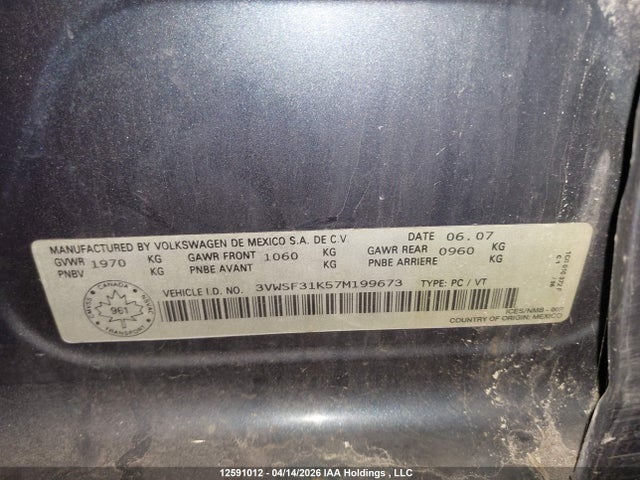 Aukcja sprzedaży 2007 Volkswagen Jetta 2.5 Luxury, vin: 3VWSF31K57M199673, numer aukcji: 12591012