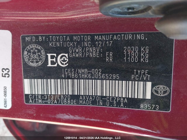 4T1B61HK6JU565295 Toyota CAMRY XSE