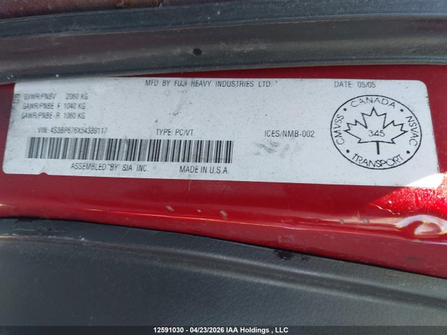 Продаж на аукціоні авто 2005 Subaru Legacy Gt Limited, vin: 4S3BP676X54389117, номер лоту: 12591030