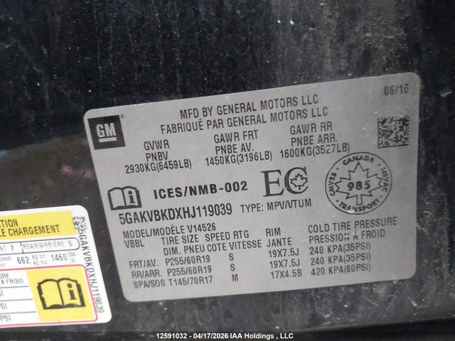 5GAKVBKDXHJ119039 Buick Enclave Leather