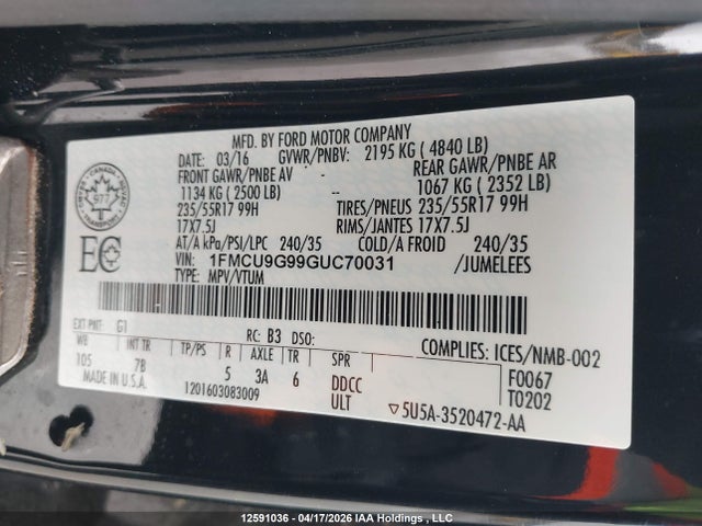 1FMCU9G99GUC70031 Ford ESCAPE SE