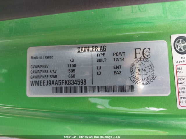 Продаж на аукціоні авто 2015 Smart Fortwo Electric Drive Passion, vin: WMEEJ9AA5FK834598, номер лоту: 12591041