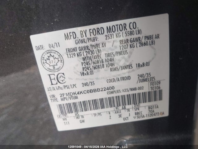 Продаж на аукціоні авто 2011 Ford Edge, vin: 2FMDK4KC0BBB22400, номер лоту: 12591049