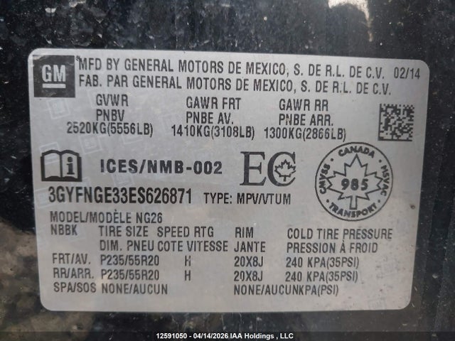 3GYFNGE33ES626871 Cadillac Srx Premium Collection