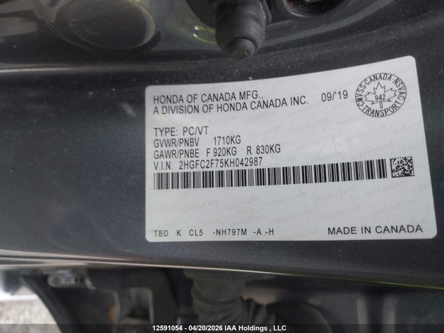 Aukcja sprzedaży 2019 Honda Civic Ex 4dr, vin: 2HGFC2F75KH042987, numer aukcji: 12591054