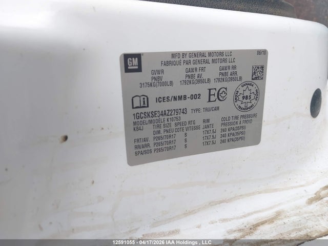 12591055 :رقم المزاد ، 1GCSKSE34AZ279743 vin ، 2010 Chevrolet Silverado K1500 Lt مزاد بيع