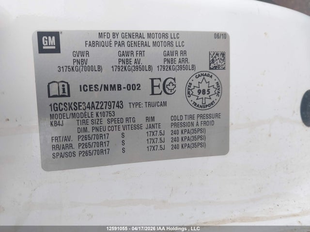 12591055 :رقم المزاد ، 1GCSKSE34AZ279743 vin ، 2010 Chevrolet Silverado K1500 Lt مزاد بيع