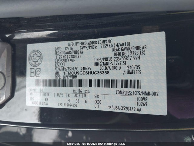 Продаж на аукціоні авто 2017 Ford Escape Se, vin: 1FMCU9GD6HUC36358, номер лоту: 12591056