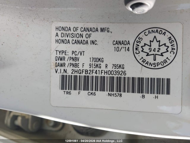 12591061 :رقم المزاد ، 2HGFB2F41FH003926 vin ، 2015 Honda Civic Lx مزاد بيع