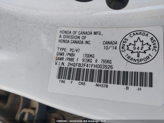 12591061 :رقم المزاد ، 2HGFB2F41FH003926 vin ، 2015 Honda Civic Lx مزاد بيع