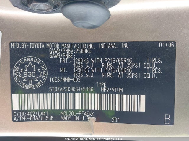 2006 Toyota Sienna Ce 7 Passenger/ce 8 Passenger/le 7 Passenger/le 8 Passenger მანქანა იყიდება აუქციონზე, vin: 5TDZA23C06S445186, აუქციონის ნომერი: 12591062