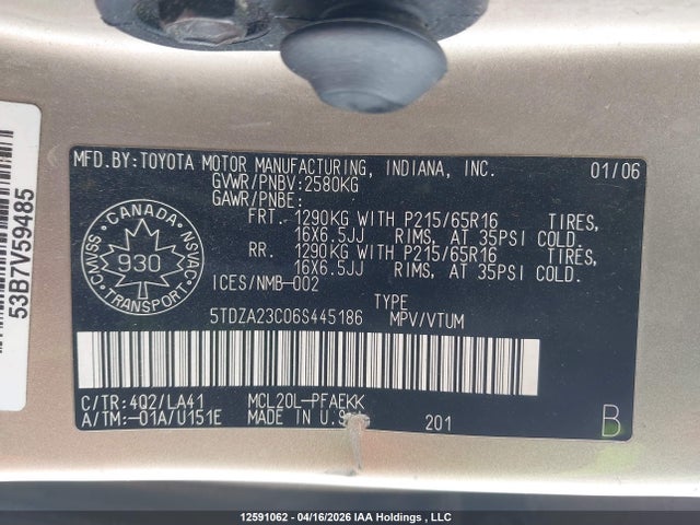 2006 Toyota Sienna Ce 7 Passenger/ce 8 Passenger/le 7 Passenger/le 8 Passenger მანქანა იყიდება აუქციონზე, vin: 5TDZA23C06S445186, აუქციონის ნომერი: 12591062