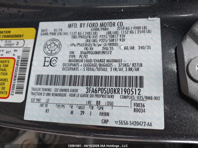 2019 Ford Fusion Titanium მანქანა იყიდება აუქციონზე, vin: 3FA6P0SU0KR190512, აუქციონის ნომერი: 12591081