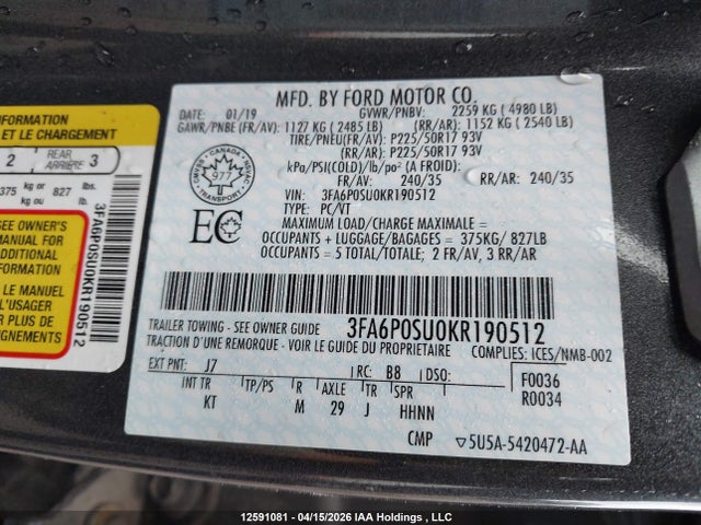 2019 Ford Fusion Titanium მანქანა იყიდება აუქციონზე, vin: 3FA6P0SU0KR190512, აუქციონის ნომერი: 12591081
