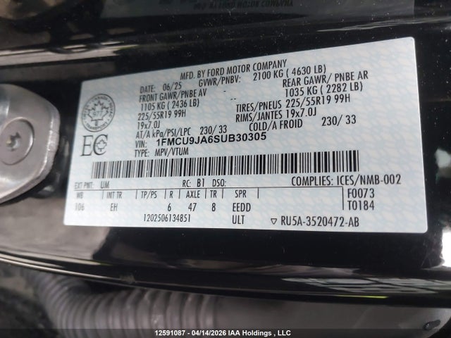 Продажа на аукционе авто 2025 Ford Escape Platinum, vin: 1FMCU9JA6SUB30305, номер лота: 12591087