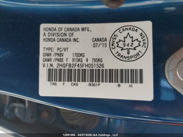 Aukcja sprzedaży 2015 Honda Civic, vin: 2HGFB2F45FH051526, numer aukcji: 12591088