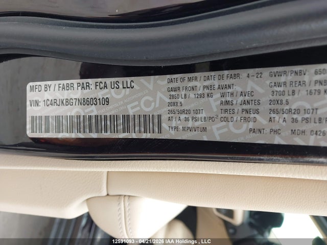 1C4RJKBG7N8603109 Jeep Grand Cherokee L Limited
