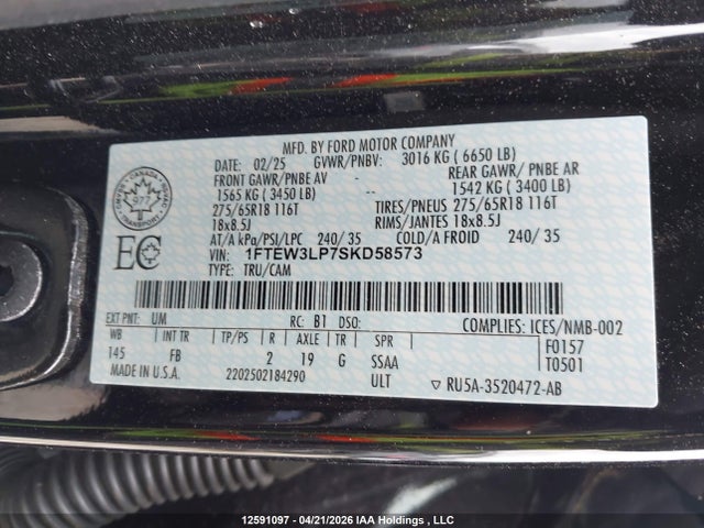 Aukcja sprzedaży 2025 Ford F-150, vin: 1FTEW3LP7SKD58573, numer aukcji: 12591097
