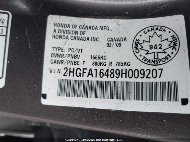 Aukcja sprzedaży 2009 Honda Civic Dx-g, vin: 2HGFA16489H009207, numer aukcji: 12591107