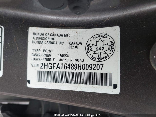 Aukcja sprzedaży 2009 Honda Civic Dx-g, vin: 2HGFA16489H009207, numer aukcji: 12591107