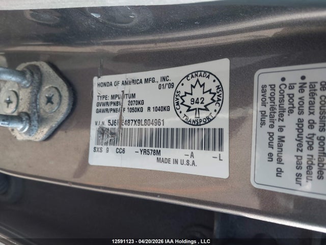 Aukcja sprzedaży 2009 Honda Cr-v Exl, vin: 5J6RE487X9L804961, numer aukcji: 12591123