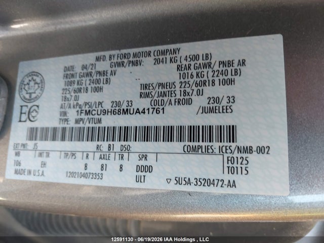 12591130 :رقم المزاد ، 1FMCU9H68MUA41761 vin ، 2021 Ford Escape Sel مزاد بيع