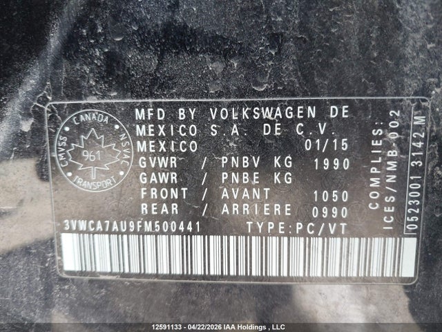 2015 Volkswagen Golf Sportwagon 2.0 Tdi Comfortline/2.0 Tdi Highline/2.0 Tdi Trendline მანქანა იყიდება აუქციონზე, vin: 3VWCA7AU9FM500441, აუქციონის ნომერი: 12591133