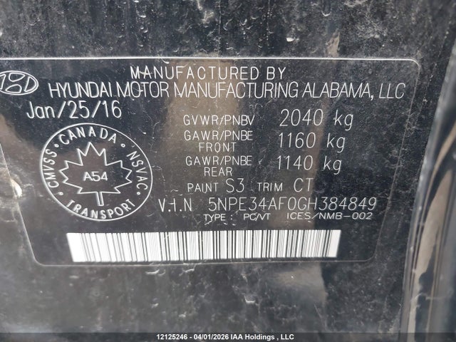 5NPE34AF0GH384849 Hyundai Sonata Sport Tech