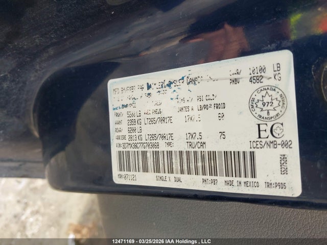 2007 Dodge Ram 3500 St მანქანა იყიდება აუქციონზე, vin: 3D7MX38C77G703068, აუქციონის ნომერი: 12471169