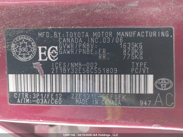 2006 Toyota Corolla Xrs Xrs მანქანა იყიდება აუქციონზე, vin: 2T1BY32E56C551809, აუქციონის ნომერი: 12591142