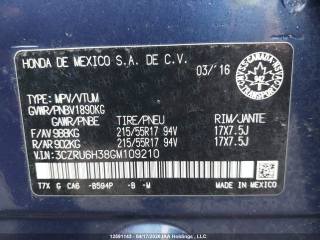 3CZRU6H38GM109210 Honda HR-V LX