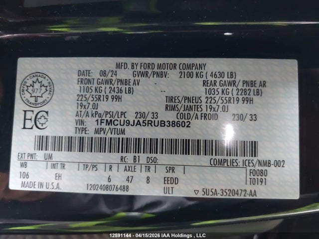 12591144 :رقم المزاد ، 1FMCU9JA5RUB38602 vin ، 2024 Ford Escape Platinum مزاد بيع