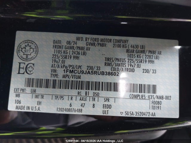 12591144 :رقم المزاد ، 1FMCU9JA5RUB38602 vin ، 2024 Ford Escape Platinum مزاد بيع