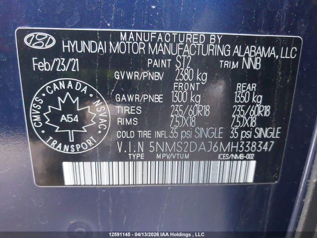 Продажа на аукционе авто 2021 Hyundai Santa Fe Sel, vin: 5NMS2DAJ6MH338347, номер лота: 12591145