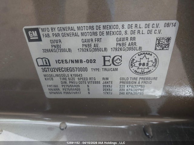 12591152 :رقم المزاد ، 3GTU2VEC0EG570000 vin ، 2014 Gmc Sierra 1500 Slt مزاد بيع