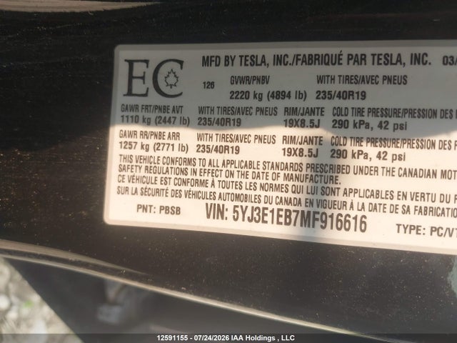 Tesla Model 3 Long Range 2021 5YJ3E1EB7MF916616 Image 30