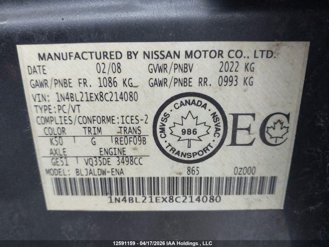 Aukcja sprzedaży 2008 Nissan Altima 3.5 Sl, vin: 1N4BL21EX8C214080, numer aukcji: 12591159