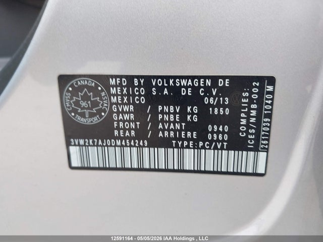 Aukcja sprzedaży 2013 Volkswagen Jetta S, vin: 3VW2K7AJ0DM454249, numer aukcji: 12591164