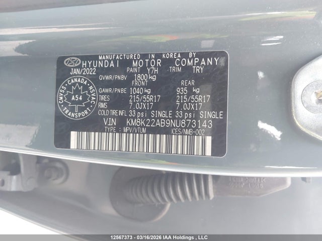Продажа на аукционе авто 2022 Hyundai Kona Preferred, vin: KM8K22AB9NU873143, номер лота: 12567373