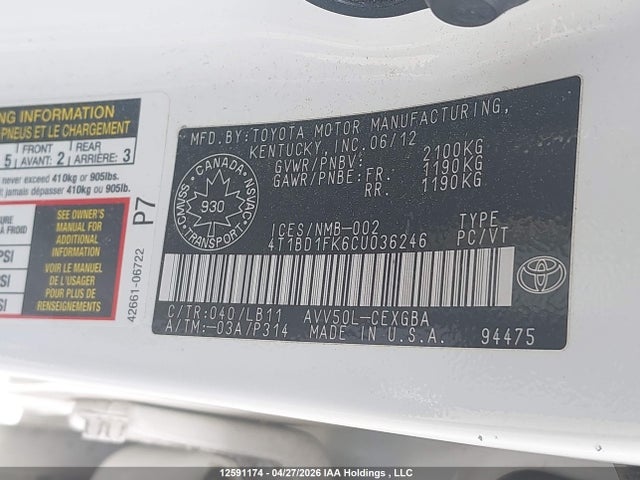 2012 Toyota Camry Hybrid/le/xle მანქანა იყიდება აუქციონზე, vin: 4T1BD1FK6CU036246, აუქციონის ნომერი: 12591174