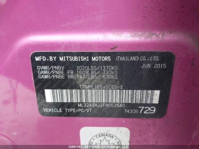 Продажа на аукционе авто 2015 Mitsubishi Mirage De, vin: ML32A3HJ2FH052540, номер лота: 12591182