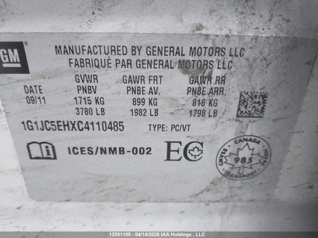 2012 Chevrolet Sonic Lt მანქანა იყიდება აუქციონზე, vin: 1G1JC5EHXC4110485, აუქციონის ნომერი: 12591185
