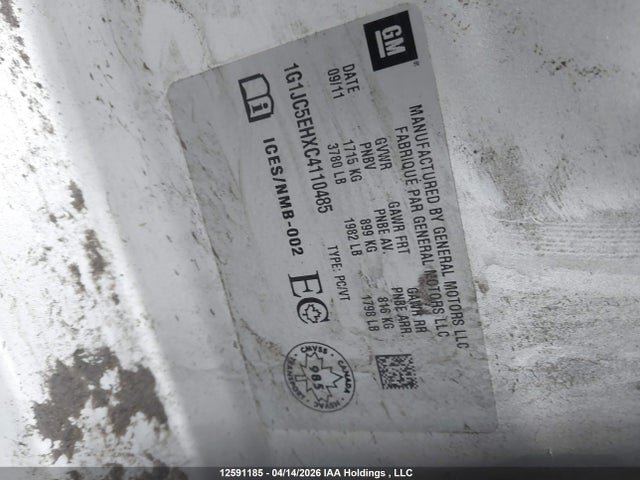 2012 Chevrolet Sonic Lt მანქანა იყიდება აუქციონზე, vin: 1G1JC5EHXC4110485, აუქციონის ნომერი: 12591185