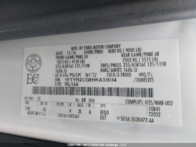 Продажа на аукционе авто 2017 Ford Transit T-250, vin: 1FTYR2CG8HKA33034, номер лота: 12591189