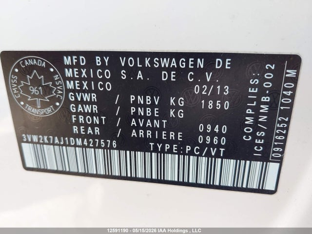 Aukcja sprzedaży 2013 Volkswagen Jetta 2.0l Trendline/2.0l Trendline+, vin: 3VW2K7AJ1DM427576, numer aukcji: 12591190